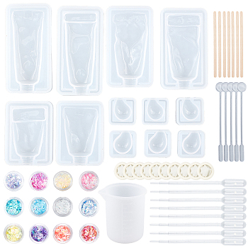 Olycraft Resin Casting Molds, with Birch Wooden Craft Sticks, Latex Finger Cots, Plastic Transfer Pipettes, Gradual Change Candy Style Flakes, Measuring Cup Silicone Glue, Stirring Rod, Mixed Color, 19x19x8mm