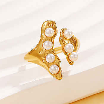 304 Stainless Steel Imitation Pearl Cuff Open Rings for Women, Nuggets, Golden, 17mm