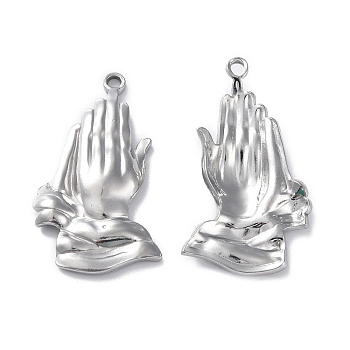 304 Stainless Steel Pendants, Praying Hands Charm, Stainless Steel Color, 36.5x20x4mm, Hole: 2.2mm