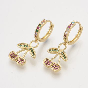 Brass Cubic Zirconia Dangle Hoop Earrings, Cherry, Colorful, Golden, 33.5mm, Pin: 1mm