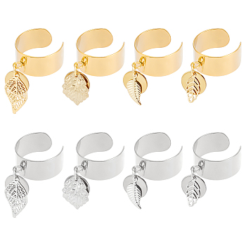 8Pcs 4 Style 304 Stainless Steel Open Cuff Finger Rings with Leaf Charms, Golden & Stainless Steel Color, Inner Diameter: 17~18mm, 2Pcs/style