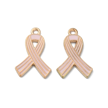 Light Gold Tone Zinc Alloy Enamel Pendants, October Breast Cancer Pink Awareness Ribbon, Pink, 22.5x14.5x1mm, Hole: 2mm