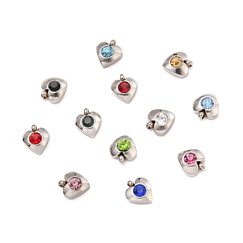 304 Stainless Steel Charms, with Acrylic Rhinestone, Faceted, Birthstone Charms, Heart, Stainless Steel Color, Mixed Color, 8.2x7.2x3.2mm, Hole: 1mm