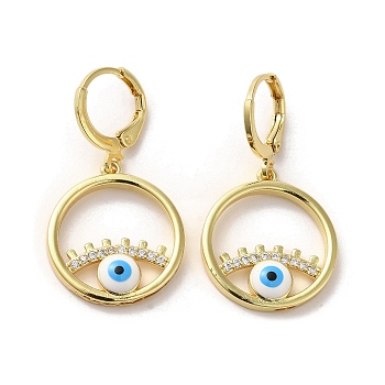 Evil Eye Real 18K Gold Plated Brass Dangle Leverback Earrings, with Enamel and Cubic Zirconia, Light Blue, 33.5x18.5mm