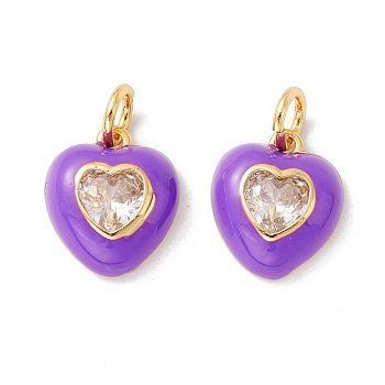 Rack Plating Brass Clear Cubic Zirconia Charms, with Enamel, Cadmium Free & Lead Free, Real 18K Gold Plated, Heart, Purple, 14x12x4mm, Jump Ring: 6x1mm, 4mm iner Diameter