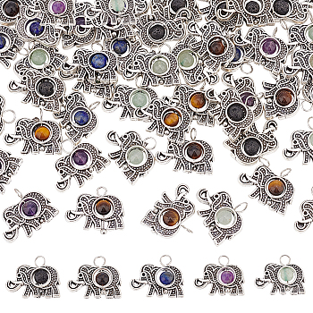 50Pcs Natural Mixed Stone Pendants, Elephant Charm, with Antique Silver Tone Alloy Findings, Mixed Dyed and Undyed, 14.5x18x4.5mm, Hole: 2mm