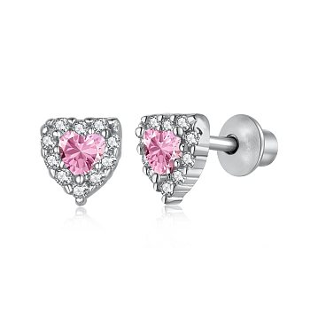 Rhodium Plated 925 Sterling Silver Micro Pave Cubic Zirconia Heart Stud Earrings for Woman, Real Platinum Plated, Pearl Pink, 5x6mm