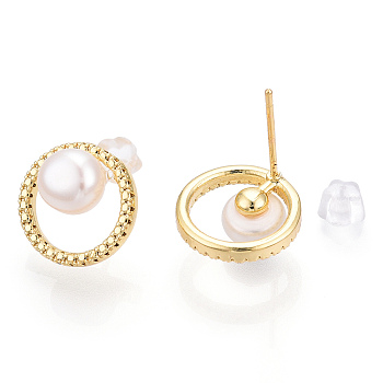 Natural Pearl Ring Stud Earrings, Brass Earrings with 925 Sterling Silver Pins, Cadmium Free & Nickel Free & Lead Free, Real 18K Gold Plated, 13mm, Pin: 0.8mm