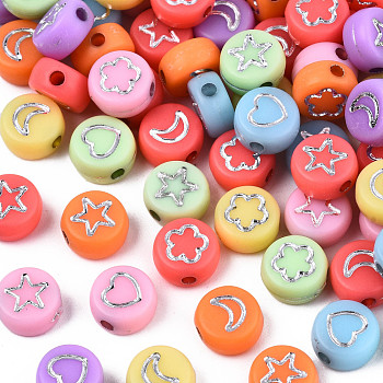 Opaque Mixed Color Acrylic Beads, Metal Enlaced, Flat Round with Silver Star & Flower & Moon & Heart, 7x4mm, Hole: 1.5mm, about 3600pcs/500g