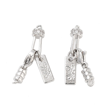 Brass Micro Pave Clear Cubic Zirconia Lobster Claw Clasps, with Double Cord Ends, Butterfly, Platinum, 30.5mm, Hole: 1.2mm