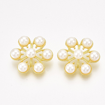 Alloy Shank Buttons, with ABS Plastic Imitation Pearl, 1-Hole, Flower, Golden, 25x23x12mm, Hole: 2.5mm