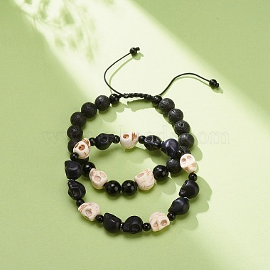 2Pcs 2 Style Natural Lava Rock & Mixed Gemstone Skull Braided Bead Bracelets Set(BJEW-JB08381)-2