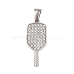 303 Stainless Steel Pendants, Pickleball Charms, with Rhinestone, Stainless Steel Color, 27.5x12x2.8mm, Hole: 5.5x2.9mm(STAS-K325-11P)