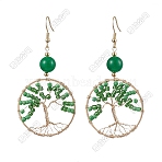 Glass Seed Beaded & Dyed Natural Malaysia Jade Dangle Earrings, Ring with Tree of Life Pattern, Light Gold, 72.5x36mm(EJEW-FS00087)