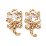 Brass with Cubic Zirconia Pendants, Cat Shape Charms, Clear, Real 18K Gold Plated, 14x8x4mm, Hole: 1.5mm(KK-L270-08G)