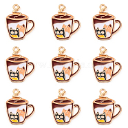 Alloy Enamel Pendants, Light Gold, Coffee Cup with Cat Charm, White, 25x19.5x1.6mm, Hole: 1.6mm(ENAM-CJC0004-37)