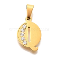 Ion Plating(IP) 304 Stainless Steel Rhinestone Pendants, Letter Q, 17~19x10.5~18x2mm, Hole: 6.5x3.5mm(STAS-U035-01G-Q)