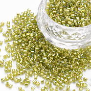 Glass Bugle Beads, Silver Lined Colours Rainbow, Yellow Green, 2.5~3x2mm, Hole: 0.9mm, about 15000pcs/pound(SEED-S032-09A-643)