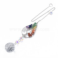 Natural Mixed Gemstone Big Pendants, with Platinum Brass Chain Extender and Findings, Plating Glass Flat Round & Flower, Clear AB Color, Teardrop with Tree of Life, 155mm, Hole: 3.5mm(G-N333-010H)
