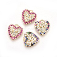 Brass Micro Pave Cubic Zirconia Pendants, Heart, Real 18K Gold Plated, Mixed Color, 13.3x12x2.7mm, Hole: 1.4mm(KK-I648-08)