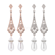 2 Pairs 2 Colors Plastic Pearl Dangle Stud Earrings with Rhinestone, Alloy Hollow Teardrop Long Drop Earrings with 316 Stainless Steel Pins, Platinum & Rose Gold, 73.5x12.5mm, 1 Pair/color(EJEW-AN0004-19)