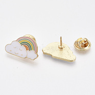 Alloy Brooches, Enamel Pin, Iron Pins and Brass Butterfly Clutches, Cloud with Rainbow, Light Gold, White, 14.5x24x11~12mm, Pin: 1mm(X-PALLOY-S132-072)