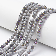Electroplate Opaque Glass Beads Strands, Half Purple Plated, Faceted, Rondelle, Silver, 6x5mm, Hole: 1mm, about 83~85pcs/strand, 38~39cm(EGLA-A034-P6mm-F15)