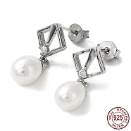 Cubic Zirconia Rhombus with Natural Pearl Dangle Stud Earrings, Rhodium Plated 925 Sterling Silver Earrings for Women, Platinum, 22x9.5mm(EJEW-F318-19P)