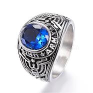 304 Stainless Steel Wide Band Rings, with Cubic Zirconia and Enamel, Oval, Size 7~13, Blue, 17~23mm(RJEW-G075-03-M)