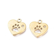 Ion Plating(IP) 304 Stainless Steel Charms, Manual Polishing, with Crystal Rhinestone, Heart with Dog Paw Printed, Golden, 12x12x1.2mm, Hole: 1.8mm(X-STAS-L245-002G)