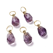 Natural Amethyst Openable Perfume Bottle Pendants, with Golden Tone Brass Findings, Faceted Nuggets Charm, 26~30.5mm, Pendant: 18~23.5x13~16x11.5~14mm, Inner Diameter: 5mm(G-A026-05)