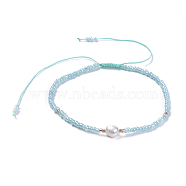 Adjustable Nylon Thread Braided Beads Bracelets, with Glass Seed Beads and Grade A Natural Freshwater Pearls, Aqua, 2-1/8 inch(5.3cm)(BJEW-JB04375-05)