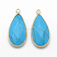 Synthetic Turquoise Pendants, with Golden Tone Brass Findings, Faceted, teardrop, Deep Sky Blue, 32.5~33x16x6mm, Hole: 2.5mm(X-G-S221-11G)