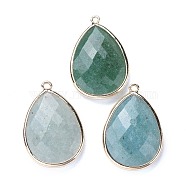 Faceted Natural Green Aventurine Pendants, with Light Gold Plated Brass Edge and Loop, Teardrop, 28.5~29.5x19~20x7mm, Hole: 1.2mm(G-M356-A02-LG)