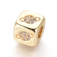 Brass Beads, with Micro Pave Cubic Zirconia, Cube with Planet, Clear, Golden, 6x6x6mm, Hole: 3mm(KK-I657-10G)