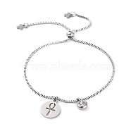304 Stainless Steel Slider Bracelets, Charm Bracelets, with Rhinestone and Box Chains, Flat Round with Ankh Cross, Stainless Steel Color, 9-1/2 inch(24cm), Charm: 14x11.8x1mm(BJEW-JB04184-04)