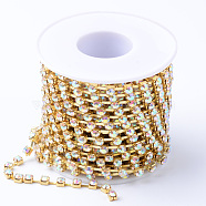 Brass Rhinestone Strass Chains, with Spool, Rhinestone Cup Chains, Raw(Unplated), Nickel Free, Crystal AB, 4mm, about 10yards/roll(CHC-T002-SS18-02C)