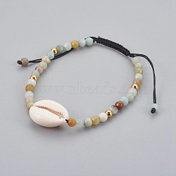 Natural Flower Amazonite Braided Bead Bracelets, with Cowrie Shell, 2 inch~3-1/8 inch(5~8cm)(X-BJEW-JB04079-01)