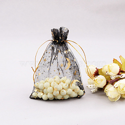 Rectangle Organza Drawstring Bags, Gold Stamping Moon and Star Pattern, Black, 9x7cm(CON-PW0001-056A-08)