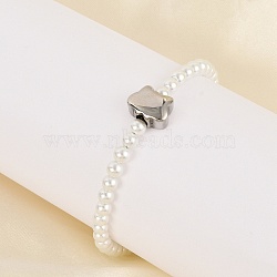 Plastic Imitation Pearl Beads Bracelets for Women, Cat, with 304 Stainless Steel Findings, Stainless Steel Color, 6-3/4 inch(17.1cm)(BJEW-M056-12P)