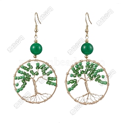 Glass Seed Beaded & Dyed Natural Malaysia Jade Dangle Earrings, Ring with Tree of Life Pattern, Light Gold, 72.5x36mm(EJEW-FS00087)