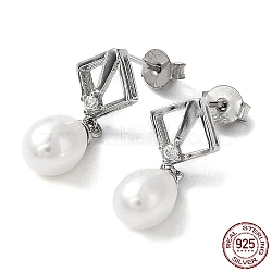 Anti-Tarnish Cubic Zirconia Rhombus with Natural Pearl Dangle Stud Earrings, Rhodium Plated 925 Sterling Silver Earrings for Women, Platinum, 22x9.5mm(EJEW-F318-19P)