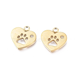 Ion Plating(IP) 304 Stainless Steel Charms, Manual Polishing, with Crystal Rhinestone, Heart with Dog Paw Printed, Golden, 12x12x1.2mm, Hole: 1.8mm(X-STAS-L245-002G)