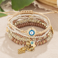 Acrylic Beaded Multi-strand Bracelets, Flat Round with Evil Eye & Hamsa Hand & Haert Alloy Charm Bracelets for Women Men, Camel, 7-1/8 inch(18cm)(WG19AC5-10)