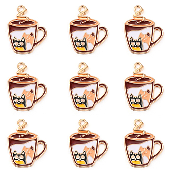 Alloy Enamel Pendants, Light Gold, Coffee Cup with Cat Charm, White, 25x19.5x1.6mm, Hole: 1.6mm