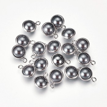 Brass Charms, with Shell Beads, Long-Lasting Plated, Nickel Free, Flat Round, Real Platinum Plated, 11x8x4.5mm, Hole: 1.5mm