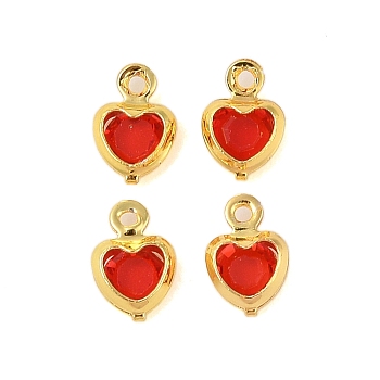 Heart Rack Plating Brass Glass Pendants, Cadmium Free & Lead Free, Long-Lasting Plated, Golden, Red, 7.5x5x2mm, Hole: 1mm