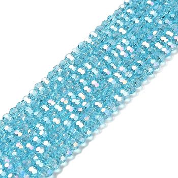 Transparent Glass Beads, 32 Facets, AB Color Plated, Round, Deep Sky Blue, 4.5x4mm, Hole: 1mm, about 94~95pcs/strand, 13.98''(35.5cm)