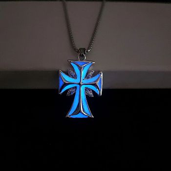 Luminous Glow in the Dark Alloy Cross Pendant Necklace, Dodger Blue, 27.56 inch(70cm)