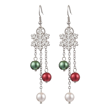 Glass with Alloy Enamel Snowflake Charm Dangle Earrings for Women, Christmas Theme Earrings, Platinum, 82x16mm